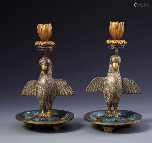 A cloisonné enamel 'bird and tortoise' pricket candlestick