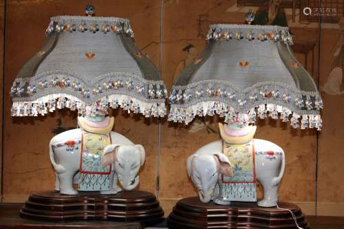 A Pair of Chinese WUCAI 'ELEPHANT' Lamp