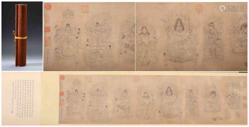 A Chinese Hand-drawn Painting Scroll of Luohan Sigend By Ding Guan Peng