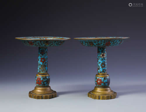 Pr Chinese Gilt Bronze and Cloisonne Enamel Candlesticks