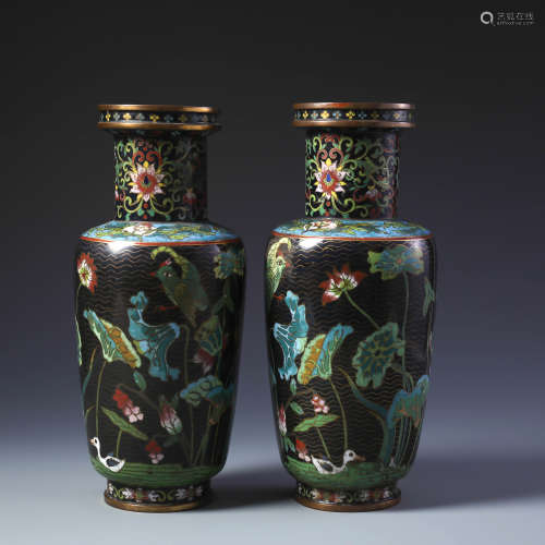 Pr Chinese Gilt Bronze and Cloisonne Enamel Rouleau Vase