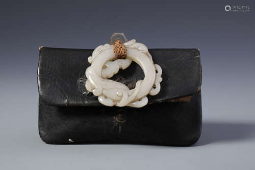 A Rare Chinese Carved White Jade Dragon Pendent with Leather Bag