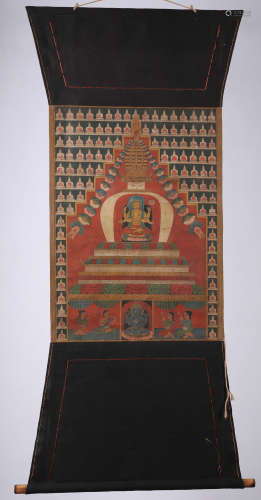 A Chinese Painted Tangka of Buddhas in Stupa