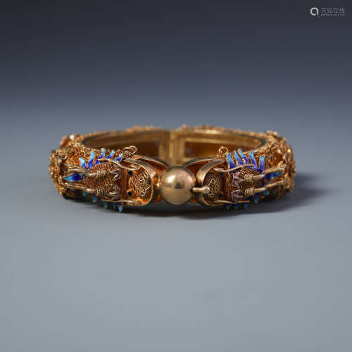 A CHINESE GILT-SILVER AND PEARL DRAGON BANGLE