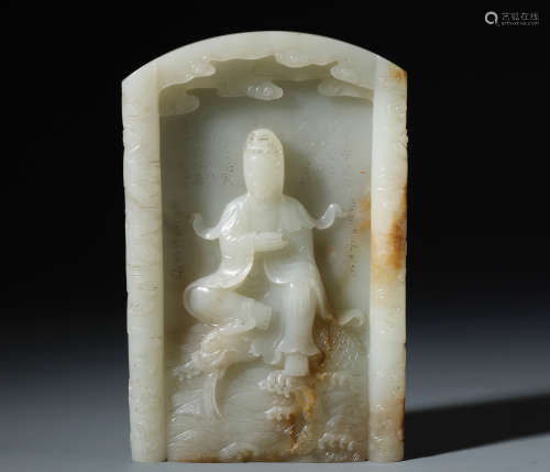 An Finely Inscribed Chinese  White Jade Plaque of Guanyin