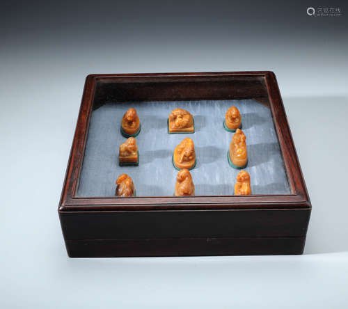 Nine  Chinese Carved Soapstone Mythical Beast Seals and Rosewood Box