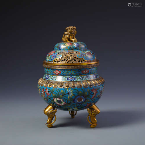 An Exquisite Chinese Carved Gilt Bronze and Cloisonne Elephant footed  Censer with Lion Finial
