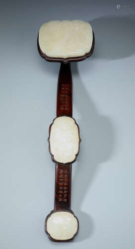 An Imperial IChinese Carved Zitan Scepter with Poetic Inscriptions and  Inlaid with White Jade Plaques