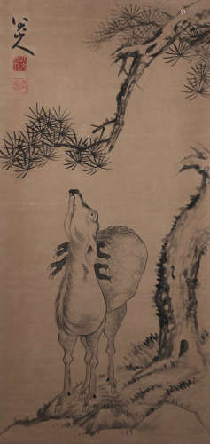 A Fine Chinese  Hand-drawn Painting of Deer Undeneath The Pine Tree Signed By Ba Da Shan Ren