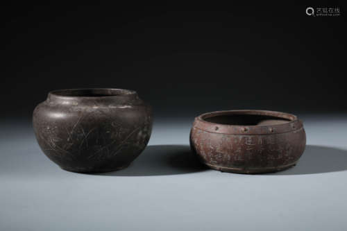 Two Chinese Yixing Zisha Brush Washer with Peotic Inscriptions