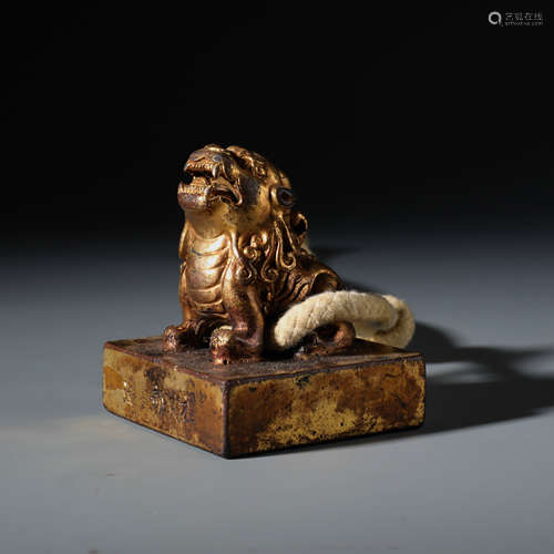 A Finely Cast Chinese Gilt Bronze Mythical Beast Seal