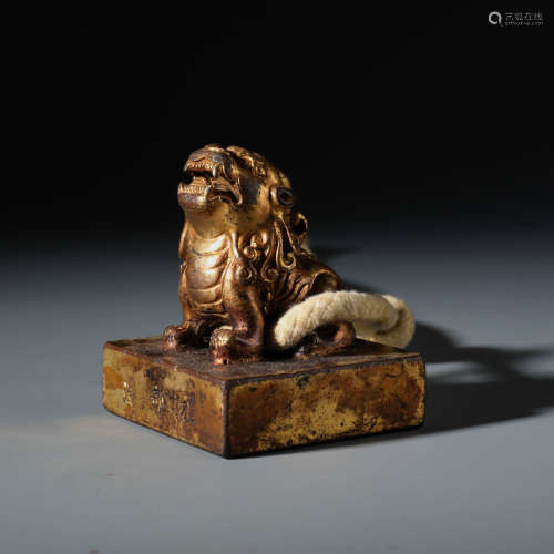 A Finely Cast Chinese Gilt Bronze Mythical Beast Seal