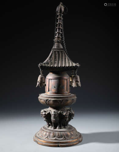 An Imperial Chinese Lacquered Bronze Pogoda with Rock Crystal Reclis Vase