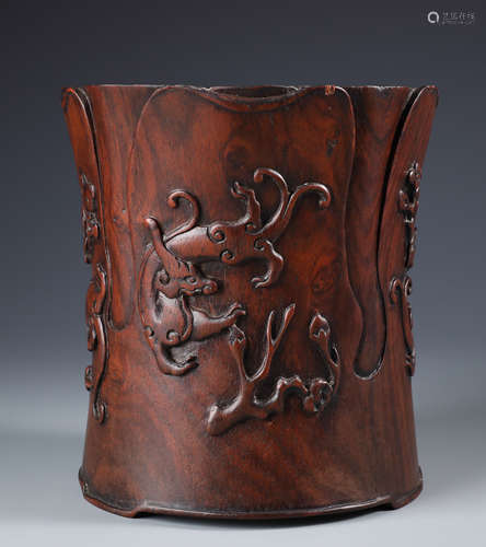 A Fine Chinese Huanghuali Floriform Chilong Brush Pot