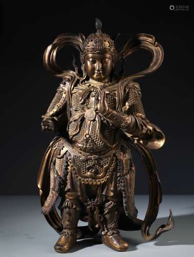 A Fine Chinese Carved Gilt Bronze Fifure of Guardian Weituo