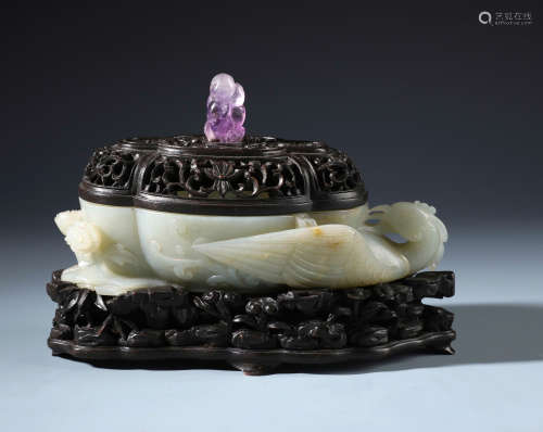 A Finely Carved Chinese White Jade Phoenix Brush Washer with Zitan Stand and Cover