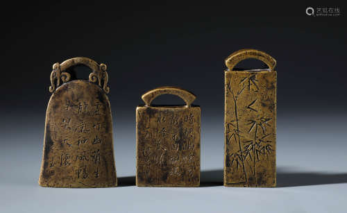 Three Chinese Carved Bronze Seal Set