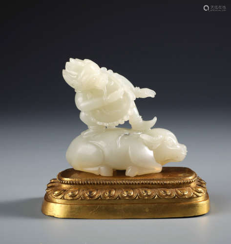 A Fine Chinese Carved White Jade  Yamantaka and Gilt Bronze Stand