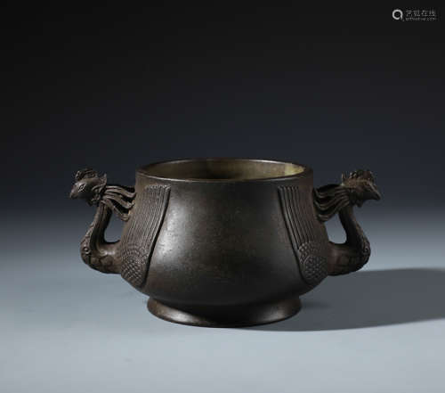 A Rare Chinese Carved Bronze Censer with Twin Phoenix Handles