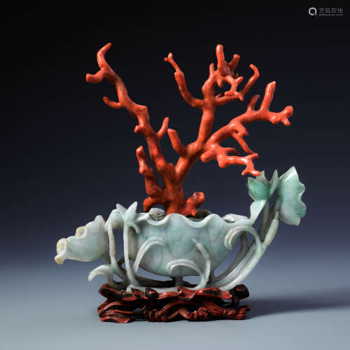 A Chinese Carved Coral Tree with Green Jadeite Jardiniere and Zitan Stand