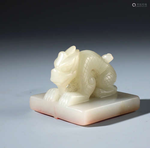 A Rare Chinese White Jade Dragon Seal With Vajry Pestle Mark