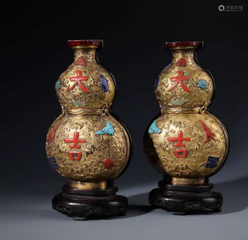 Pr Imperial Chinese Gilt Bronze Double Gourd Wall Vase and Matching Zitan Wood Stand