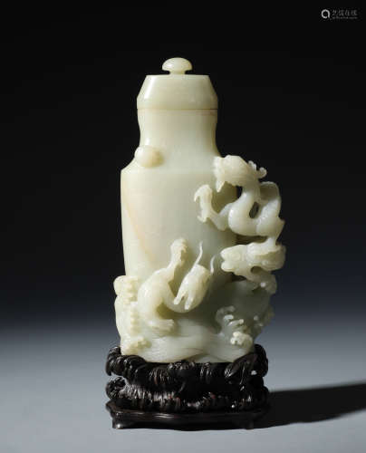 An Imperial Chinese Carved White Jade Dragon Vase and Zitan Stand