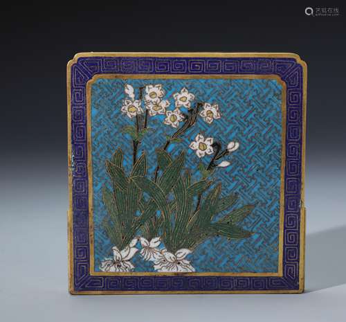 A Rare Chinese Gilt Bronze and Cloisonne Enamel Orchid Planel with Poetic Inscriptions