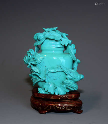 A Chinese  Turquoise 'Flower and Bird' Vase and Matching Silver Inlaid Stand