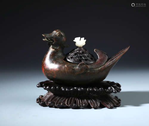 A Finely Carved Chinese Bronze Quail Shaped Censer with Zitan Cover and Stand