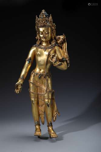 A Fine Chinese Carved Gilt Bronze Figure of Padmapani Lokeshvara