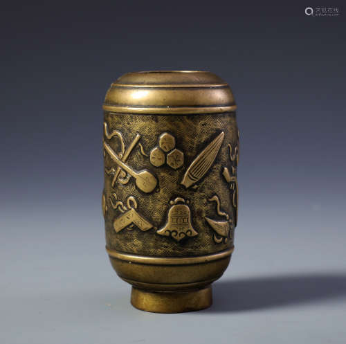 A Finely Carved Chinese Bronze Cylindrical Vase