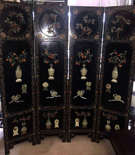 Four Panels Jade  Inscribed Screens with Hardwood Frame