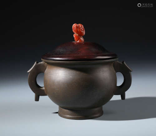 A Fine Chinese Silver Inlaid Bronze Censer and Cover with Carnelian Lingzhi Finial