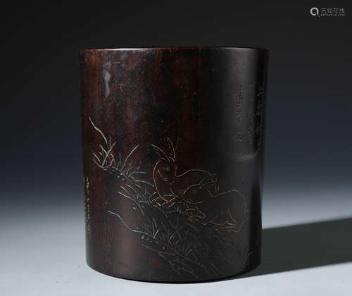 An Incised and Signed Zitan Brush Pot