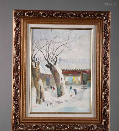 A Framed Western Painting of Winter Snow Signed By Wu Guan Zhong