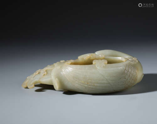 An Exquisite Chinese Carved Celadon and Russet Jade Goose Brush Washer