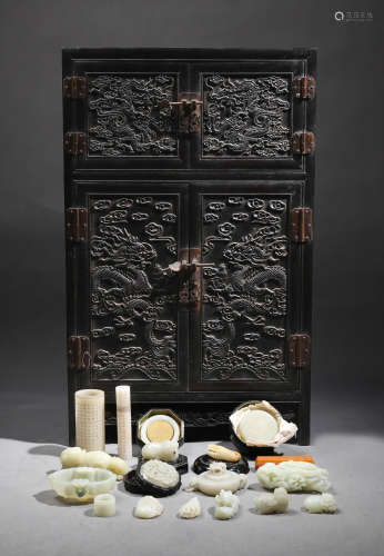 Various Chinese Jade Carvings and Wood Cabinet