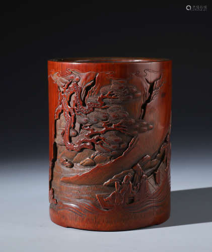 A Finely Carved Chinese Bamboo 'Scholors and Landscape' Brush Pot