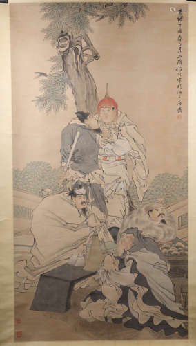 A Fine Chinese Hand-drawn Painting Scroll of Officials and Scholors Signed By Ren bonian