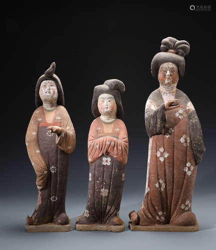 Three Chinese Well-modeled Painted Pottery Figures of Court Lady