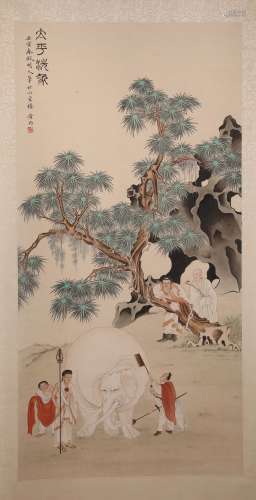 A Fine Chinese Hand-drawn Painting of Bathing for the Elephant Signed Huang Jun