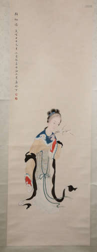 A Fine Chinese Hand-drawn Painting of Lady Signed by Luxiaoman