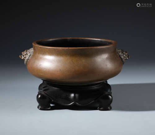 A Fine Chinese Bronze Censer with Lion Handles and Matching Wood Stand