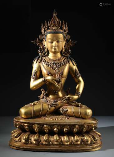 A Fine Chinese Carved Gilt Bronze Figure of Vajrasattva with inlaid Turquoise