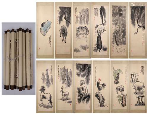 Twelve  Chinese Hand-drawn Paintings of Zodiac Signed By LI Ke Ran