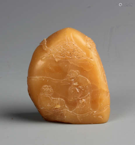A Chinese Yellow Carved Soapstone Seal 'Scholars and Landscape