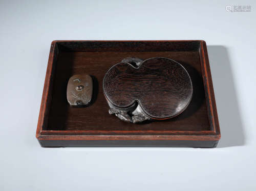 A Rare Chinese Carved Rosewood Scholor Box , Chilong Inkstone and Bronze Waterdropper