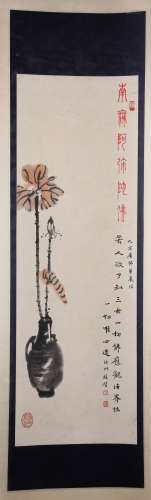 A Chinese Hand-drawn painting of Lotus in the Vase Signed By Hongyi