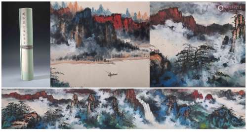 A Chinese Hand-drawn Painting Scroll Of Mountains and Rivers Signed By Liuhaisu